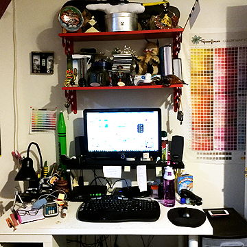 And this is the small “office” area of the studio (directly across from the arts and crafts area), where The Gals record the show and Katie does all of her computer work.