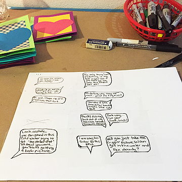 For the mail art swap Katie decided to write the phrases on some sticker paper for ink jet printers so it would be easier to put the scratch-off phrases on the cards. You can’t see it well here but all of those phrases are covered with clear packing tape.