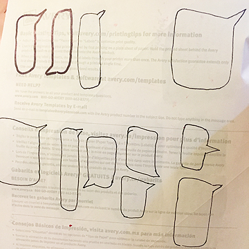 If you do this make sure you draw cut lines on the back so you know where you are supposed to cut out your phrases so you don’t miscut after they are painted. If you are doing more than one or two you will also want to make a note in the margin of each phrase so you remember which goes where.